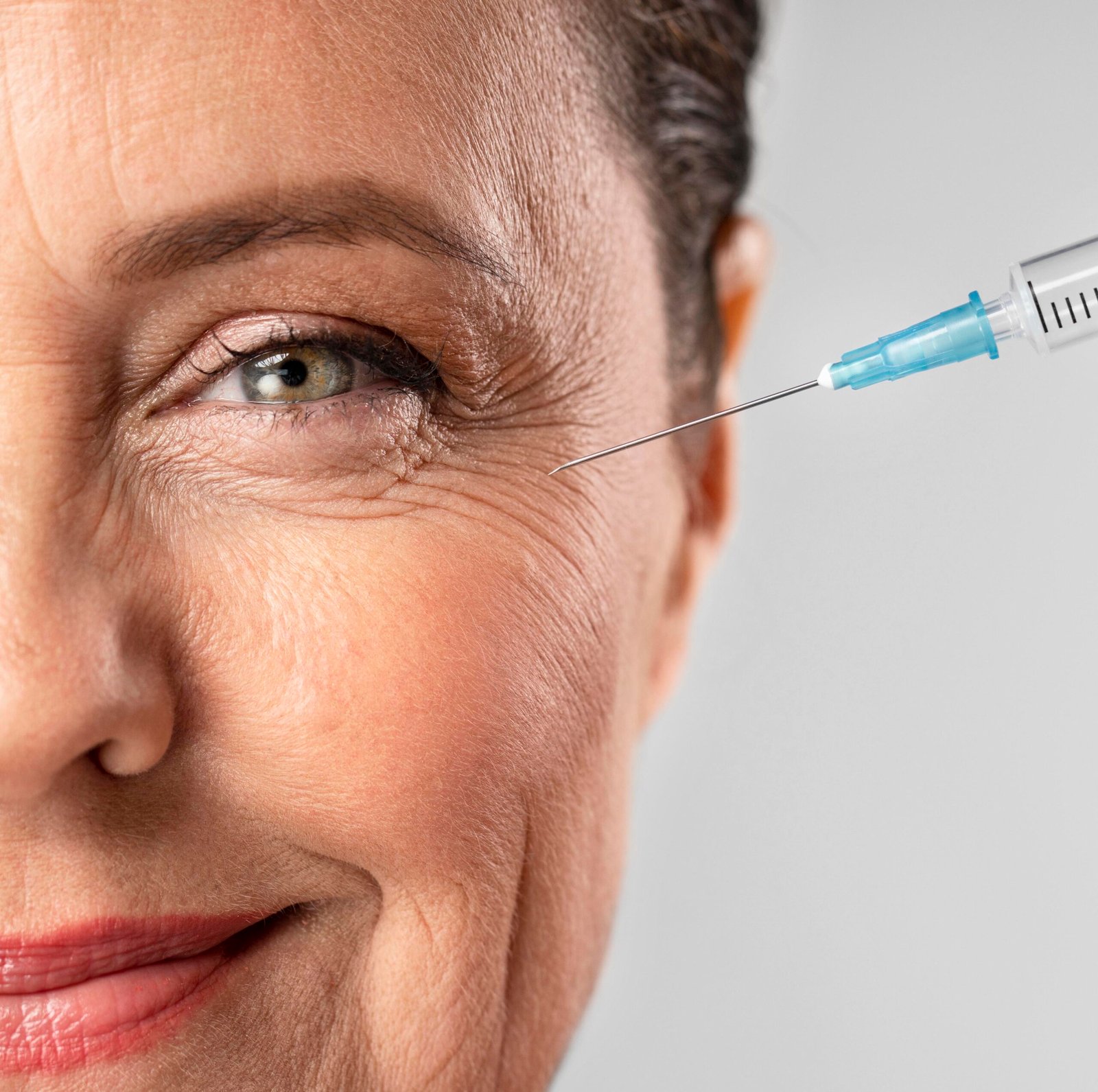 Smiling elderly woman receiving eye wrinkle injection